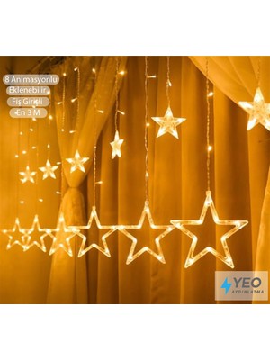 Yeo Aydınlatma Dekoratif Yıldız Figürlü Perde LED - Eklenebilir Fişli Yılbaşı ve Oda Süslemesi