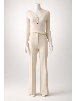 Asl Woman Kadın Ekru Yüksek Bel Bol Paça Palazzo Pantolon – Şık Ofis & Günlük Kumaş Pantolon