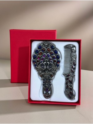 DeGo Shop Etnik Desenli Vintage Kabartmalı El Aynası ve Tarak Seti ( Kutulu )