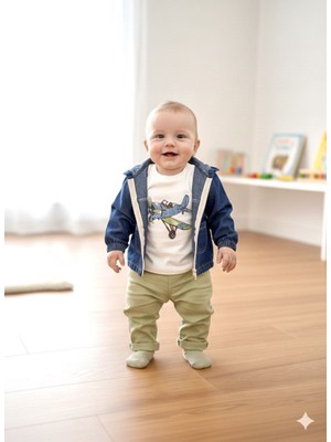 Beren Erkek Bebek Kot Ceketli Bayramlık 3'lü Takım - Uçak Baskılı Tşört ve Beli Lastikli Pantolon