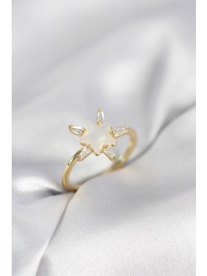 Inure Jewelry Gold Renk Yıldız Model Sedefli Zirkon Taşlı Kadın Yüzük