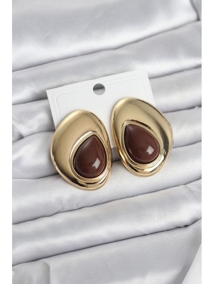 Twin Store Pirinç Gold Renk Kahverengi Taşlı Damla Model Kadın Küpe
