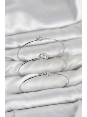 Inure Jewelry Zirkon Taşlı Gümüş Renk Tek Taş Model 3'lü Kadın Bileklik Kombini