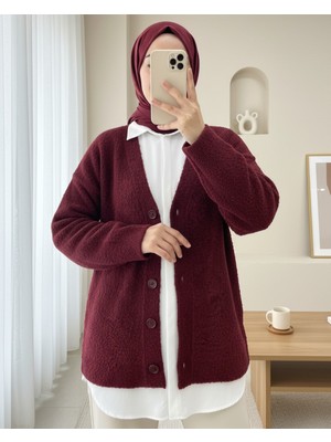 Modamorfo Düğmeli Salaş Triko Hırka -Bordo