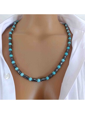 Mga Doğaltaş Turkuaz (Firuze) & Hematit Taşı 6 mm Doğal Taş Kolye – %100 Gerçek Hakiki – Koruyucu Enerji Taşı – Çelik Zincirli – 45-55 cm – Sertifikalı – Mdf Hediye Kutulu