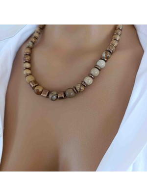 Mga Doğaltaş Odun Jasper Taşı Doğal Taş Kolye – 6 mm 8 mm 10 mm 12 mm – Hematit Süslemeli – %100 Gerçek Hakiki – Sertifikalı – Çelik Zincirli – 45-55 cm