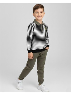 Ege Bebek Erkek Çocuk 5-12 Yaş Yakalı Çizgili Sweatshirt ve Çelik Pantalonlu Dokuma Alt Üst Takım