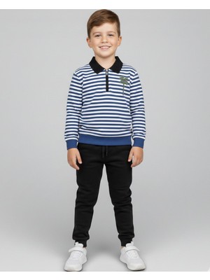 Ege Bebek Erkek Çocuk 5-12 Yaş Yakalı Çizgili Sweatshirt ve Çelik Pantalonlu Dokuma Alt Üst Takım