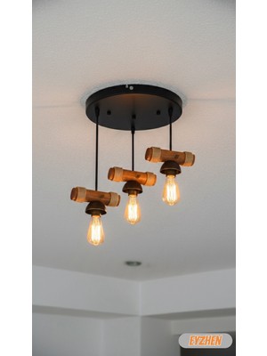 Eyzhen Rustik Ahşap 3 Lü Avize Halat Detaylı Siyah Metal Gövdeli Dekoratif Salon Mutfak Avizesi