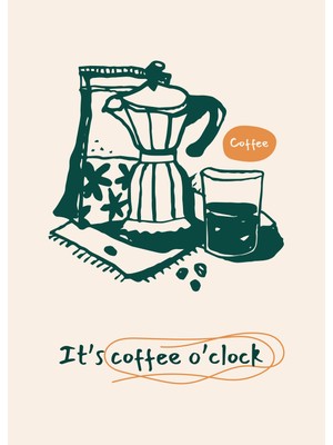 Miyrem-It's Coffee O'clock Modern Mutfak Posteri - Retro Kahve Köşesi Illüstrasyon Tablo - Kahve Makinesi Temalı Duvar Dekoru