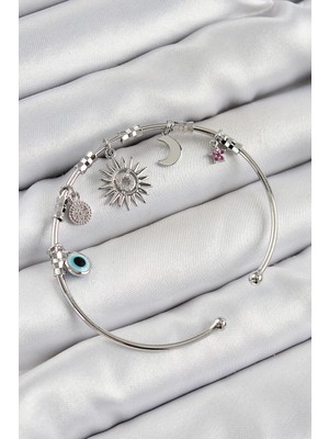Solenya Pirinç Zirkon Taşlı Güneş Ay ve Nazar Model Gümüş Renk Charm Bileklik