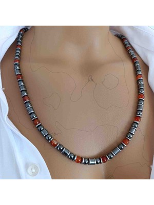 Mga Doğaltaş Kırmızı Akik Taşı 6 mm & Hematit Doğal Taş Kolye – %100 Gerçek Hakiki – Sertifikalı – Çelik Zincirli – 45-55 cm Ayarlanabilir