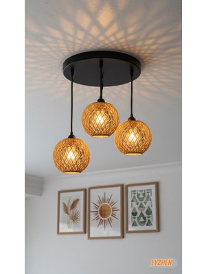 Eyzhen Bohem Hasır 3’lü Sarkıt Avize, Modern Rustik Tavan Avizesi, Küre Hasır Avize Lambader