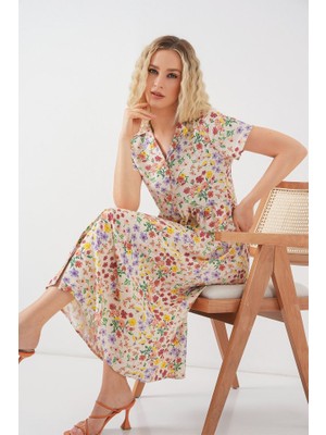 Boydan Düğmeli Kısa Kol Çiçekli Elbise 2561 - Krem