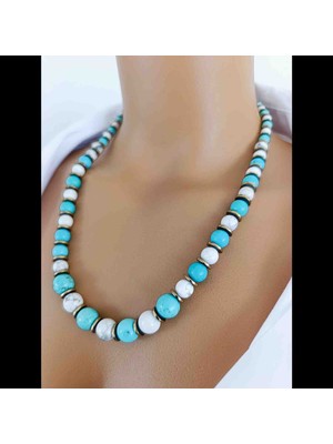 Mga Doğaltaş Turkuaz & Havlit & Hematit Taşı Doğal Taş Kolye – 6 mm 8 mm 10 mm – %100 Gerçek Hakiki – Sertifikalı – Çelik Zincirli – 45-55 cm