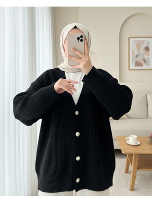 Modamorfo Gold Düğmeli Salaş Triko Hırka -Siyah