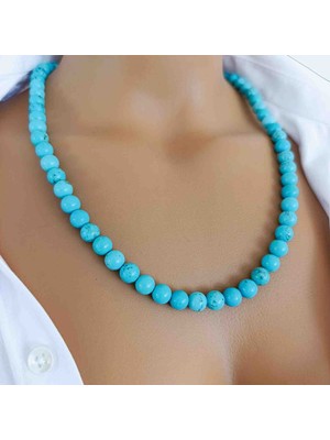 Mga Doğaltaş Turkuaz Kolye 8 mm – Firuze Taşı – Hakiki Doğal Taş Kolye – Erkek & Kadın – A+ Kalite