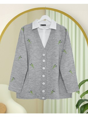 Moda Morfo Taşlı Düğmeli Dal Desenli Triko Hırka -Gri