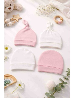 UmBaby 4’lü Pembe Yenidoğan Bebek Şapkası – %100 Pamuk Penye, Düz & Bağlamalı Model