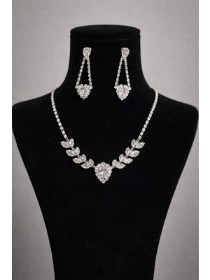 Klc Takı Kadın Gümüş Renk Model Su Yolu Zirkon Taşlı Kolye Küpe Seti