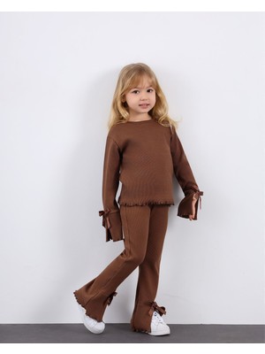 ButumiKids Kız Çocuk Yeni Sezon Fiyonk Detaylı Pamuk Kaşkorse Kumaş Alt Üst Takım Kahverengi - Bordo