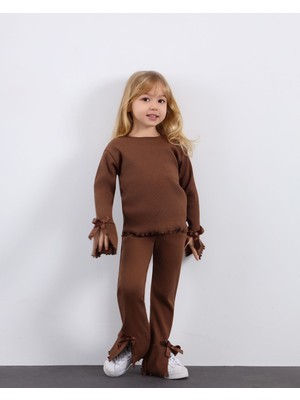 ButumiKids Kız Çocuk Yeni Sezon Fiyonk Detaylı Pamuk Kaşkorse Kumaş Alt Üst Takım Kahverengi - Bordo