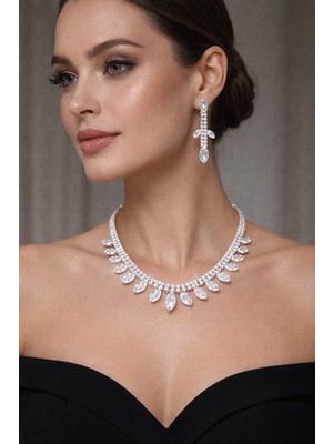 Klc Takı Kadın Gümüş Renk Model Su Yolu Zirkon Taşlı Kolye Küpe Seti