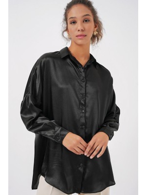 Queene Dreams 3985 Oversize Saten Gömlek - Siyah