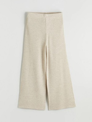 LC Waikiki Bej Beli Lastikli Geniş Paça Kadın Triko Pantolon  (S6)