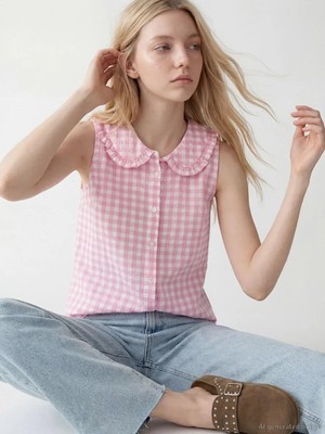 LC Waikiki Fırfırlı Bebe Yaka Ekose Poplin Kadın Gömlek  (S6)