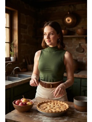 Azrlya Kadın Haki Yeşili Kolsuz Balıkçı Yaka Basic Bluz