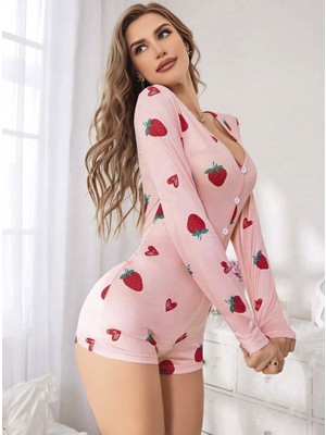 Azrlya Kadın Pembe Çilek Desenli Pijama Tulumu