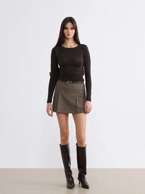 LC Waikiki Kahverengi Beli Kemerli Ekose Şort Etek  (S6)