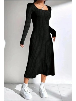 Etiler Collection Kadın Kare Yaka Fitilli Kaşkorse Kumaş Midi Boy Elbise