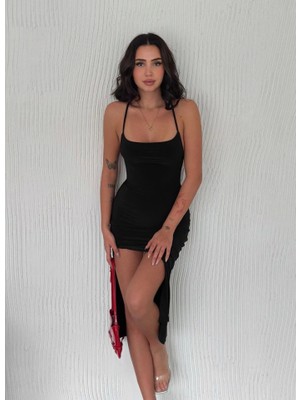 Etiler Collection Sırt Bağlamalı Derin Yirtmaç Askılı Elbise - Siyah