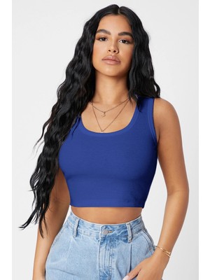 Azrlya Kadın Lacivert Kare Yaka Crop Top Bluz