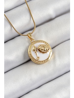 Solenya 316L Çelik Zincir Beyaz Mineli Sanatsal Portre Istiridye Model Gold Renk Kadın Kolye