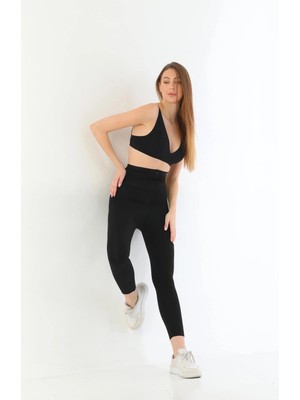 Giyim Siyah Mı 2711 Lazer Kesim Fermuarlı Uzun Tayt