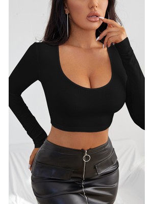Azrlya Kadın Siyah Uzun Kol Kare Yaka Crop Top Bluz