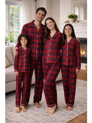 Lino Baby Anne Baba Çocuk Kombin Tam Kalıp %100 Pamuk Kuruveze Yakalı Anne Baba Çocuk Pijama Takım