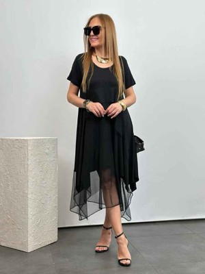 Etiler Collection Kadın Viskon Kumaş Tül Detaylı Asimetrik Elbise