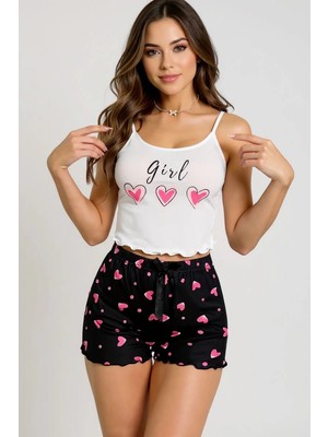 Azrlya Kalp Desenli Askılı Şortlu Pijama Takımı