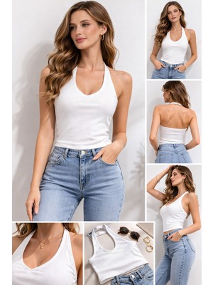 İnce Moda Giyim Kadın Halter Yaka Fit Atlet Bluz – Beyaz