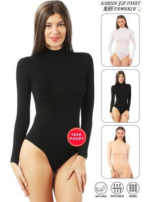 Özkan Underwear Özkan 0614 3'lü Paket Kadın Penye Likralı %95 Pamuklu Fit Kalıp Balıkçı Dik Yaka Çıtçıtlı Body Uzun Kollu Kancalı Zıbın