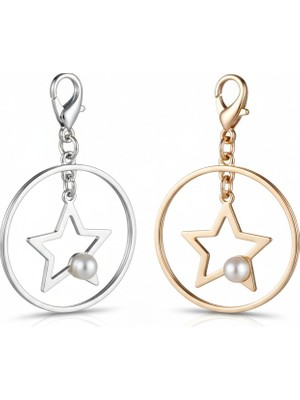Hobicium Yıldız Figürlü Inci Detaylı Çanta Charmı – Altın & Gümüş Renk Seçenekli Metal Halka Anahtarlık Aksesuar 2li Set