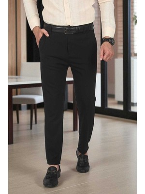 RizzUP Erkek Siyah Italyan Kesim Likralı Spor Pantolon Esnek Kumaş Bilek Boy Boru Paça Klasik Pantolon 2502005