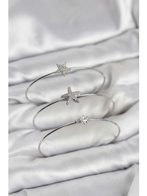 E-Woman Gümüş Renk Zirkon Taşlı Deniz Yıldızı Model 3'lü Kadın Bileklik Kombini - Lisinya