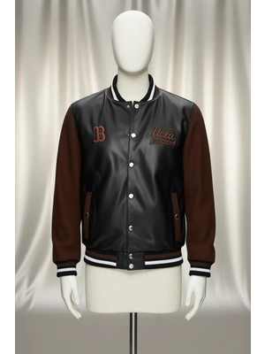 Kawelo Siyah Suni Deri ve Kaşe Nakışlı Standard Fit Erkek Mont