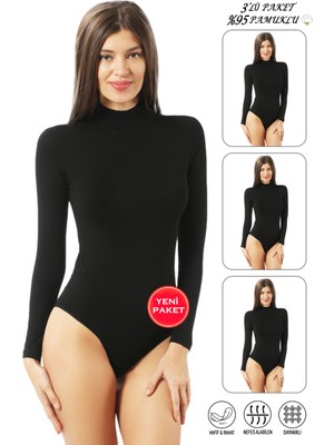 Özkan Underwear Özkan 0614 3'lü Paket Kadın Siyah Renk Penye Likralı %95 Pamuklu Fit Kalıp Balıkçı Dik Yaka Çıtçıtlı Body Uzun Kollu Kancalı Zıbın
