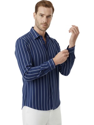 Rizzup Erkek Lacivert Slim Fit Dar Kesim Çizgili Uzun Kollu Gömlek 2501309